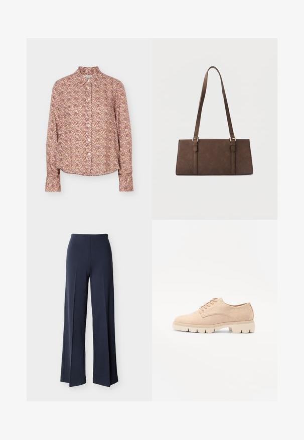 Langærmet skjorte med knapper og geometrisk mønster i nuancer af brun, beige og lys lilla, med krave og manchetter.; Marineblå bukser med vide ben og sideslidser, høj talje og glat front, vist mod en hvid baggrund.; Beige ruskind snørebåndssko med rund tå, tekstureret overdel og en kraftig, cremefarvet gummisål med udtalt mønster for godt greb.; Brun rektangulær skuldertaske med lange stropper og minimale syningsdetaljer på en ensfarvet baggrund.