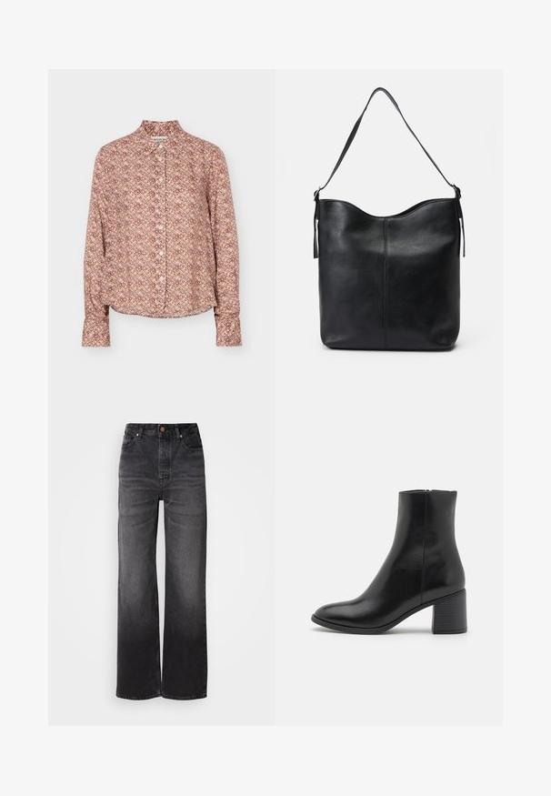 Overhemd met lange mouwen en knopen, met een geometrisch patroon in tinten bruin, beige en lichtpaars, met een kraag en manchetten.; Zwarte denim jeans met wijde pijpen en een hoge taille, vijf zakken, knoopsluiting en een subtiele vervaagde textuur. Dikke stof met een gestructureerde pasvorm.; Zwarte leren enkelboot met een ronde neus, een blokhak van gemiddelde hoogte en een gladde afwerking. Voorzien van een discrete zijrits.; Zwarte leren schoudertas met een gladde textuur, ronde bovenkant, enkele schouderband en een minimalistisch ontwerp zonder zichtbare hardware.