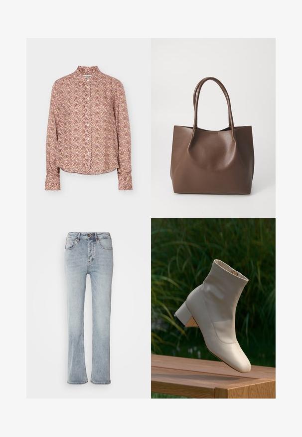 Langærmet skjorte med knapper og geometrisk mønster i nuancer af brun, beige og lys lilla, med krave og manchetter.; Lysblå denimjeans med høj talje, lige ben-design og en let udskæring ved kanten. Har syninger som accent og en lynlås foran.; Beige læder ankelstøvle med blokhæl, der hviler på en træflade, med grøn græsbaggrund, set fra siden, blød naturlig belysning.; Brun læder tote taske med to lange håndtag, struktureret form, glat tekstur og minimalistisk design. Ingen synligt hardware eller accenter.