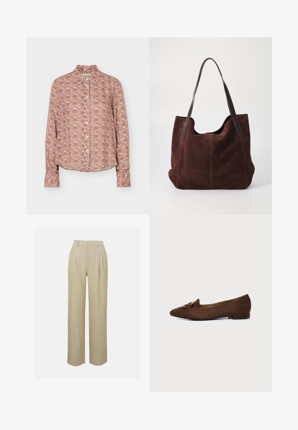 Chemise à manches longues boutonnée avec un motif géométrique dans des tons marron, beige et violet clair, avec un col et des poignets.; Pantalons larges beiges en tissu lisse, avec des plis à l'avant, une taille cintrée et des poches latérales. Finition du bas propre.; Chaussure plate marron à bout pointu avec détail décoratif de boucle sur le dessus, sur fond clair uni.; Sac fourre-tout en daim marron avec deux anses en cuir noir. Texture douce, haut arrondi et un intérieur spacieux. Aucun matériel ou embellissement visible.