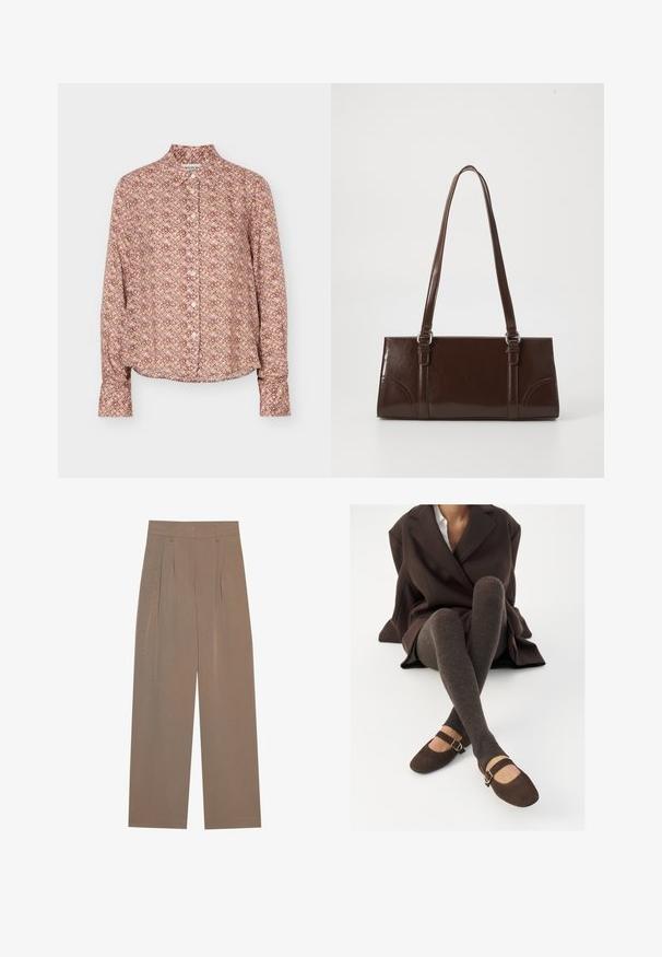 Langærmet skjorte med knapper og geometrisk mønster i nuancer af brun, beige og lys lilla, med krave og manchetter.; Brune plisserede bukser med bred ben-design, der har en flad talje og sidelommer, lavet af et letvægtsstof.; Brune ribbede knæhøje sokker parret med brune ruskinds Mary Jane sko med en dekorativ rem og spænde, båret med en mørk frakke.; Brun lakeret håndtaske med rektangulær form, to lange håndtag og subtile buede detaljer på fronten.