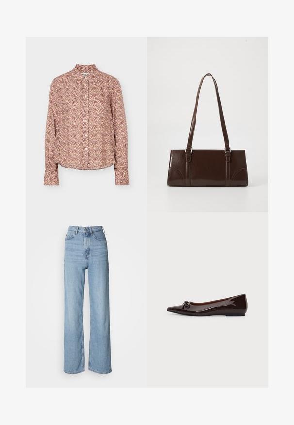 Langærmet skjorte med knapper og geometrisk mønster i nuancer af brun, beige og lys lilla, med krave og manchetter.; Lyseblå højtskårne jeans med lige ben, lavet af denim, med frontknaplukning og diskrete falmede detaljer.; Brun skinnende flad sko med spids tå, lille sløjfedetalje foran og lav hæl på en ensfarvet baggrund.; Brun lakeret håndtaske med rektangulær form, to lange håndtag og subtile buede detaljer på fronten.