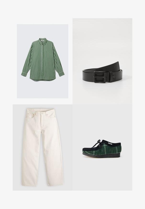Herre langærmet skjorte med knapper i lodrett grønne, hvide og brune striber, en forreste brystlomme og en krave, der kan knappes.; Off-white jeans med lige ben, fem lommer, bæltestropper, knaplukning og synlige syninger på en lys baggrund.; Grønne og sorte mønstrede sko med en overdel i ruskind, der har en rund tå, snørebånd og en tekstureret gummisål.; Sorte læderbælte med en rektangulær metalspænde. Har en glat overflade og minimalistisk design, ruller let ved enden.