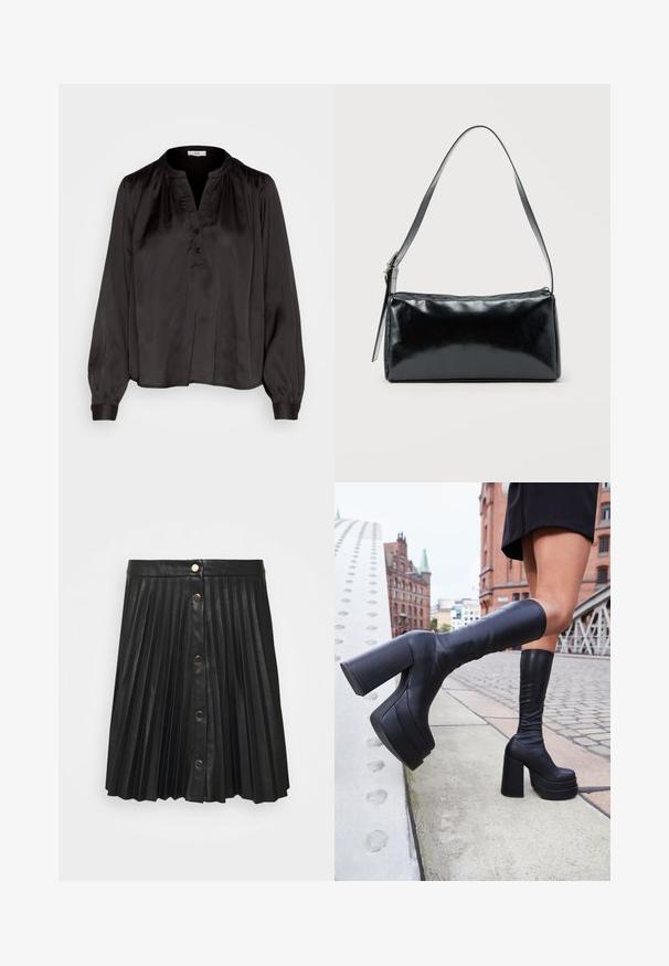 JDY JDYFIFI PLACKET SHIRT - Blúzka - black; VILA VIAMINA BUTTON SKIRT - Minisukňa - black; Čierne vysoké platformové čižmy z hladkej kože, s hrubými štvorcovými podpätkami a elegantným dizajnom, umiestnené na pozadí mestského prostredia.; Čierna obdĺžniková kabelka na rameno s jedným nastaviteľným remienkom a horným zipsom na jednofarebnom pozadí.