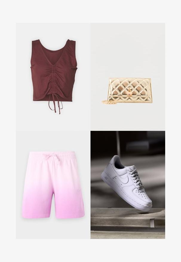 Μαρούλι crop top με V λαιμόκοψη, κοντά μανίκια, μαζεμένη λεπτομέρεια στο μπροστινό μέρος και ρυθμιζόμενο κορδόνι στο τελείωμα. Λείο υλικό.; Σορτς ανοιχτό ροζ με διαβαθμισμένο χρώμα, ελαστική μέση με κορδόνι, λογότυπο Nike στο αριστερό πόδι, σε μονόχρωμο φόντο.; Λευκό αθλητικό παπούτσι Nike Air Force 1 να αιωρείται πάνω από μια επιφάνεια από σκυρόδεμα με σκιές σε ένα μινιμαλιστικό περιβάλλον.; Χρυσό μεταλλικό καπιτονέ τσαντάκι χειρός με κλείδωμα σε σχήμα καρδιάς και προσαρτημένη χρυσή αλυσίδα σε λευκό φόντο.