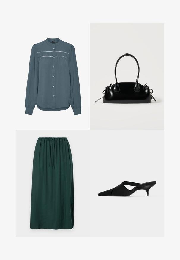 Langærmet teal bluse med knapper foran, rund krave, samlet skulderstykke med blondekanter over brystet og ærmer med manchetter.; Lang, mørkegrøn nederdel lavet af glat stof, med en elastisk talje og snøre, samt en sideslids for øget bevægelse.; Sort mule med spids tå, lav kattethæl og overlappende brede remme hen over foden.; Lille sort blank håndtaske med to lange håndtag og snøre-detaljer i siden på en ensfarvet lys baggrund.