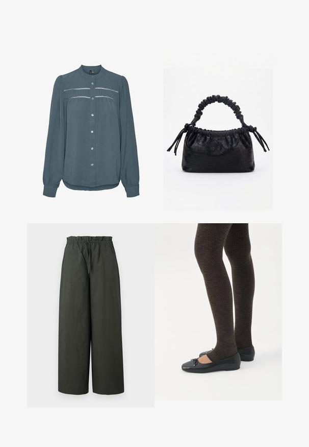 Blusa de manga larga color teal con botones en la parte delantera, cuello redondo, canesú fruncido con detalles de encaje en el pecho y mangas con puños.; Pantalones de pierna ancha en tejido verde oscuro, con una cintura elástica y una textura suave, sin herrajes visibles ni patrones.; Piernas con leggings oscuros acanalados combinados con bailarinas negras que presentan pequeños detalles de lazo sobre un fondo blanco.; Bolso negro con textura de cocodrilo, borde superior fruncido, asa recogida y cordones con borlas en cada lado sobre un fondo blanco.