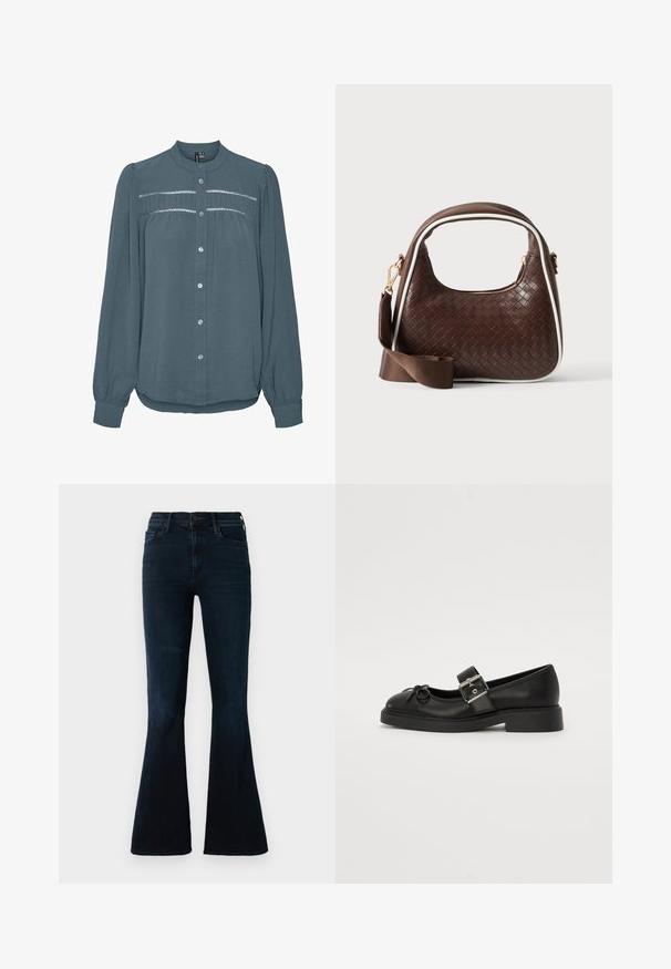 Langærmet teal bluse med knapper foran, rund krave, samlet skulderstykke med blondekanter over brystet og ærmer med manchetter.; Mørkeblå flare jeans lavet af denim, med høj talje, standard lommer og subtil falmende på stoffet.; Sort læder Mary Jane-sko med rund tå, ankelrem og sølv spænde detalje. Har en flad, chunky sål og en sløjfe akcent.; Brun vævet læderhåndtaske med hvid piping, guldfarvet lynlås og aftagelig brun stofskulderrem.
