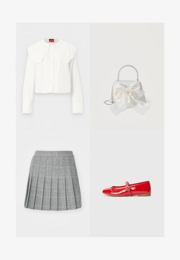 Blouse blanche à manches longues avec col brodé festonné large et fermeture à boutons sur le devant, présentée sur un fond uni.; Jupe plissée en tissu gris à motif à carreaux. Elle présente une ceinture cintrée et plusieurs plis verticaux pour un look structuré.; Des ballerines en cuir verni rouge avec un bout carré, une petite bride à boucle sur le coup de pied et une semelle en caoutchouc plate.; Sac blanc avec poignée en perles, bandoulière en chaîne argentée, et grand nœud en tissu sur le devant.
