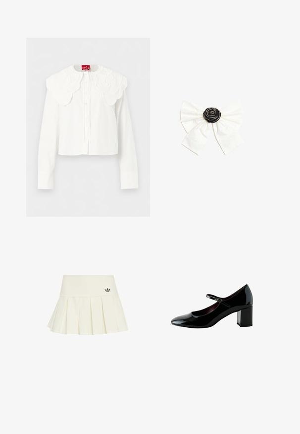 Witte blouse met lange mouwen, voorzien van een grote gegolfde, geborduurde kraag en een sluiting met knopen aan de voorkant, getoond tegen een effen achtergrond.; adidas Originals Minirok - off white; Zwarte lakleren Mary Jane-schoen met een afgeronde neus, verstelbare band en een stevige blokhak van middelhoogte.; Witte stoffen strik met een zwarte rozet in het midden, versierd met kleine zilveren kralen op een effen witte achtergrond.