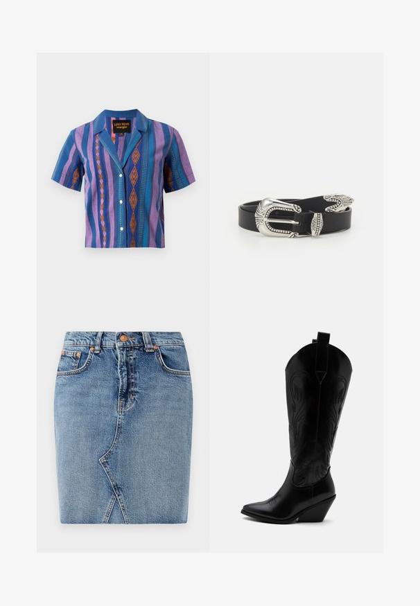 Kortærmet skjorte med knapper foran, med lodrette lilla, blå og orange geometriske striber og en krave, mærket Lainey Wilson Wrangler.; Denimnederdel i mellemblå med et tætsiddende design, forlommer og skrå sømdetaljer. Standard talje med metalknaplukning.; Sort læder cowboystøvle med spidst tåparti, skråt blokhælhæl, dekorative sømme og trækstropper øverst mod hvid baggrund.; Sort læderbælte med en stor sølvmetalspænde, der har indviklede detaljer og dekorative accenter i begge ender.