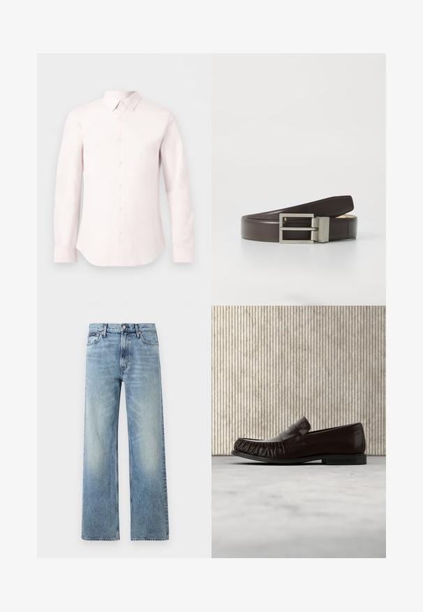 Long-sleeve, light pink button-up shirt with pointed collar and buttoned cuffs, displayed against a plain white background.; Light blue straight-leg denim jeans with a high waist, five pockets, button closure, and subtle fading on the thighs and knees.; Dark brown leather loafer with stitched detailing, floating above beige carpet, with a glossy amber-colored round table in the background.; Brown leather belt with a smooth texture, rectangular silver metal buckle, and subtle branding on the strap.