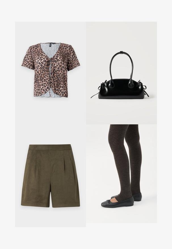 Top de manga corta, con pliegues y estampado de leopardo, con escote en V y lazo al frente. Presenta una capa interior a rayas azul clara.; Pantalones cortos de un verde oliva oscuro hechos de un material suave, similar al ante, con un diseño plisado, corte a media longitud y una cinturilla limpia y estructurada.; Piernas con leggings oscuros acanalados combinados con bailarinas negras que presentan pequeños detalles de lazo sobre un fondo blanco.; Pequeño bolso negro brillante con dos asas largas y detalles de cordón lateral sobre un fondo claro liso.