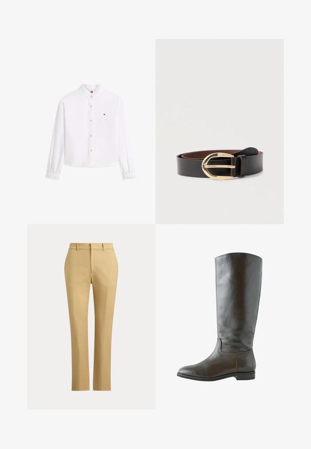Blouse blanche à manches longues avec col et poignets à volants, boutons dorés sur le devant, et petit logo Tommy Hilfiger sur le côté gauche de la poitrine.; Pantalon beige droite avec passants de ceinture, pli à l'avant et ceinture unie sur fond uni.; Botte en cuir marron montant, avec une texture lisse, un bout arrondi et peu de détails de couture. Semelle plate avec un petit talon.; Ceinture en cuir noir avec une boucle à double ardillon en ton or. La ceinture présente une texture lisse et une doublure intérieure brune.