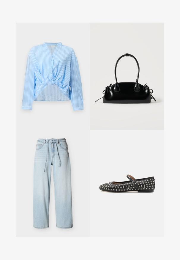 Chemise bleu clair à manches longues avec des rayures verticales blanches, boutons sur le devant et un détail de nœud torsadé à la taille.; Jean en denim bleu clair à jambes larges avec taille à cordon, poches avant et passants pour ceinture sur un fond uni.; Chaussure plate en cuir noir avec un bout rond, dotée d'une sangle et de clous argentés répartis uniformément sur la surface supérieure.; Petit sac à main noir brillant avec deux longues anses et des détails à cordon sur les côtés sur un fond clair uni.