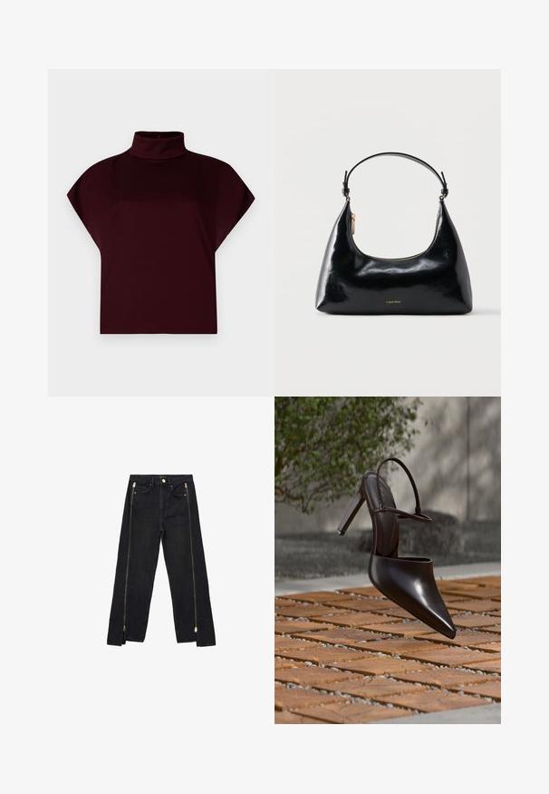 Bordeaux cropped top med høj mock neck, korte ærmer og glat, strækbart stof. Ingen synlige mønstre eller hardware-detaljer.; Sorte denimjeans med lige ben-design, der har guld lynlåse langs siderne og almindelige lommer ved taljen.; Blank højhælet mule med spids tå og ankelrem, svævende over en terracottaflisebelagt overflade med grusfyldte mellemrum.; Sort blank Calvin Klein håndtaske med gyldent lynlås og kort rem mod en ensfarvet hvid baggrund.