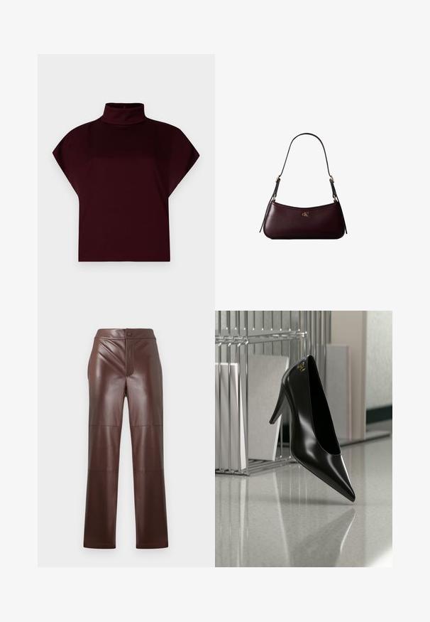 Bordeaux cropped top med høj mock neck, korte ærmer og glat, strækbart stof. Ingen synlige mønstre eller hardware-detaljer.; Brune faux læderbukser med lige snit og glat tekstur. Har en frontlynlås og knaplukning, suppleret med tonal syning.; Sort højhælet sko med spids tå og guldlogo, placeret på en reflekterende overflade nær en krom trådfilholder med dokumenter.; Mørk bordeaux læderhåndtaske med en tynd sort skulderrem og lille gyldent "cK" logo foran i midten.
