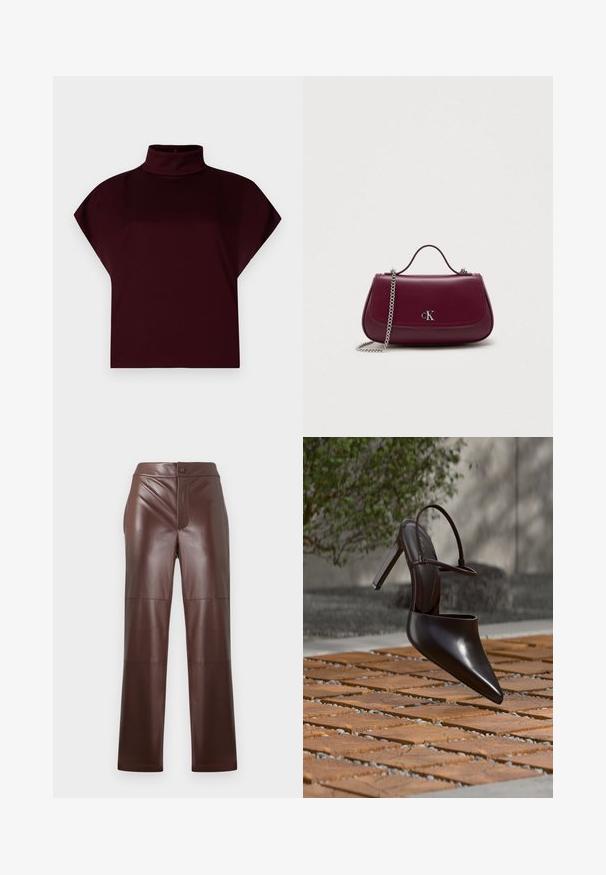 Bordeaux cropped top med høj mock neck, korte ærmer og glat, strækbart stof. Ingen synlige mønstre eller hardware-detaljer.; Brune faux læderbukser med lige snit og glat tekstur. Har en frontlynlås og knaplukning, suppleret med tonal syning.; Blank højhælet mule med spids tå og ankelrem, svævende over en terracottaflisebelagt overflade med grusfyldte mellemrum.; Lille burgunder læder håndtaske med top håndtag, sølv kædetræk og sølv "cK" logo på frontklappen.