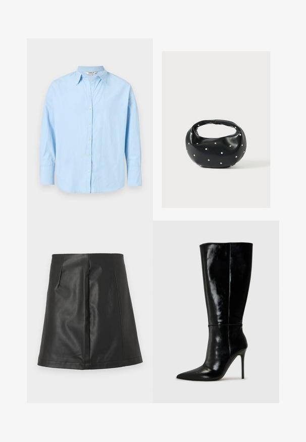 Chemise bleu clair à manches longues avec col pointu et poignets, présentée à plat avec tous les boutons fermés sauf le bouton supérieur ouvert.; Mini-jupe trapèze en similicuir noir avec détails de couture avant sur fond blanc.; Bottes noires en cuir, hautes jusqu'au genou, avec un bout pointu et un talon aiguille haut. Texture lisse et design épuré, avec un minimum de détails.; Sac à main en cuir noir de forme arrondie, décoré de clous argentés et équipé d'une poignée courte. Texture lisse et fermeture éclair.