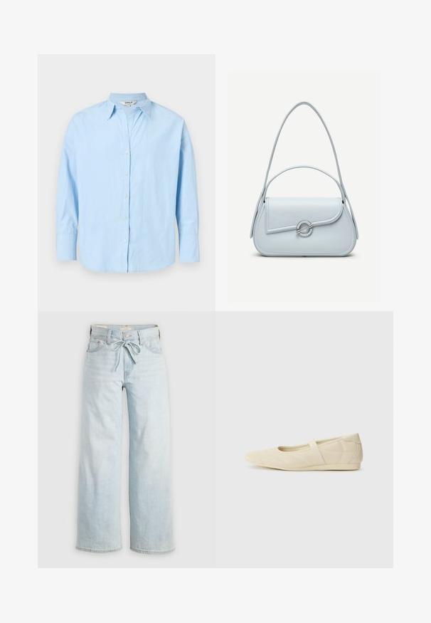 Chemise bleu clair à manches longues avec col pointu et poignets, présentée à plat avec tous les boutons fermés sauf le bouton supérieur ouvert.; Jean large bleu clair avec un nœud à l'avant, design classique à cinq poches et détails de décoloration subtils sur les jambes. Matériau en denim.; Ballerines beiges avec une exterior en cuir lisse, un bout en forme d'amande et une sangle élastique sur le coup de pied, avec des détails de couture subtils.; Sac à main en cuir bleu clair avec rabat arrondi, fermoir circulaire argenté et deux bretelles d'épaule sur un fond uni.