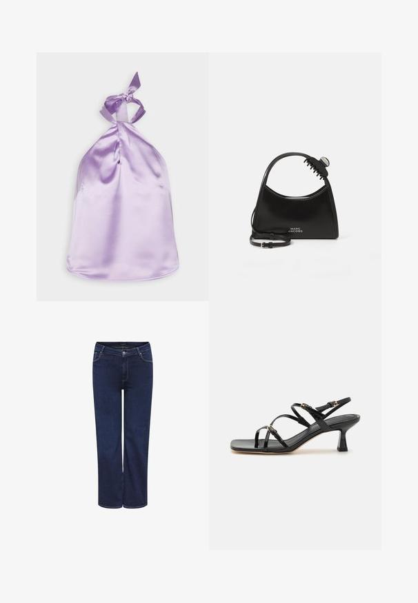Gina Tricot TINA - Μπλούζα - purple rose (5141); Σκούρο μπλε τζιν παντελόνι με ευθεία γραμμή, πέντε τσέπες και μεταλλικό κούμπωμα. Μεσαίου βάρους ύφασμα με λεία υφή.; Μαύρες παπούτσια από πατέντα δέρμα με λουράκια και τετράγωνη μύτη, καθώς και χαμηλό, τετράγωνο τακούνι. Διαθέτουν χρυσές λεπτομέρειες και ρυθμιζόμενους ιμάντες στον αστράγαλο.; Μαύρη τσάντα Marc Jacobs με καμπύλη λαβή και προσαρτημένο μαύρο κλιπ για μαλλιά σε λευκό φόντο.