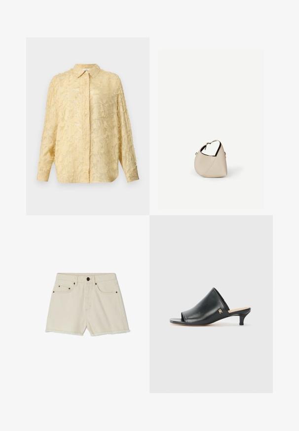 Helles gelbes Blusenshirt mit langen Ärmeln, strukturiertem Stoff, der ausgefranste Details aufweist, Knopfleiste und definiertem Kragen. Bietet eine lockere Passform.; Denim-Shorts in Off-White mit fransigem Saum, fünf Taschen und Metallakzenten. Sie verfügen über einen klassischen Bund und eine lockere Passform.; Schwarze Leder-Pantoletten mit offenen Zehen und niedrigem Absatz. Sie verfügen über eine glatte Oberfläche und ein goldenes Logo-Detail an der Seite.; Beige Ledertasche in Halbmondform mit einem einzelnen Schulterriemen und minimaler Nahtgestaltung, vor einem schlichten weißen Hintergrund.