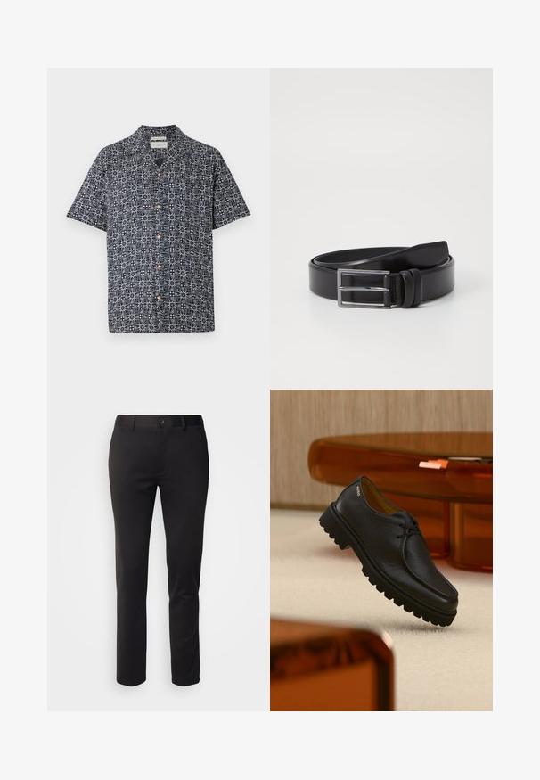 Camisa de manga corta en color navy con un patrón abstracto en blanco, que presenta un cierre de botones en la parte delantera y un collar. Tela suave con un ajuste relajado.; Pantalones negros de tela suave, con un diseño de pierna recta, cierre de botón en la parte delantera y cinturas, exhibidos sobre un fondo blanco.; Zapato negro de cuero con textura, con cordones y suela gruesa con relieves, con la marca "HUGO" cerca del talón, exhibido sobre una alfombra beige y junto a un mueble color ámbar.; Cinturón de cuero negro con una textura lisa, que presenta una hebilla rectangular de plata y un detalle de doble pasador. Diseño clásico y versátil.