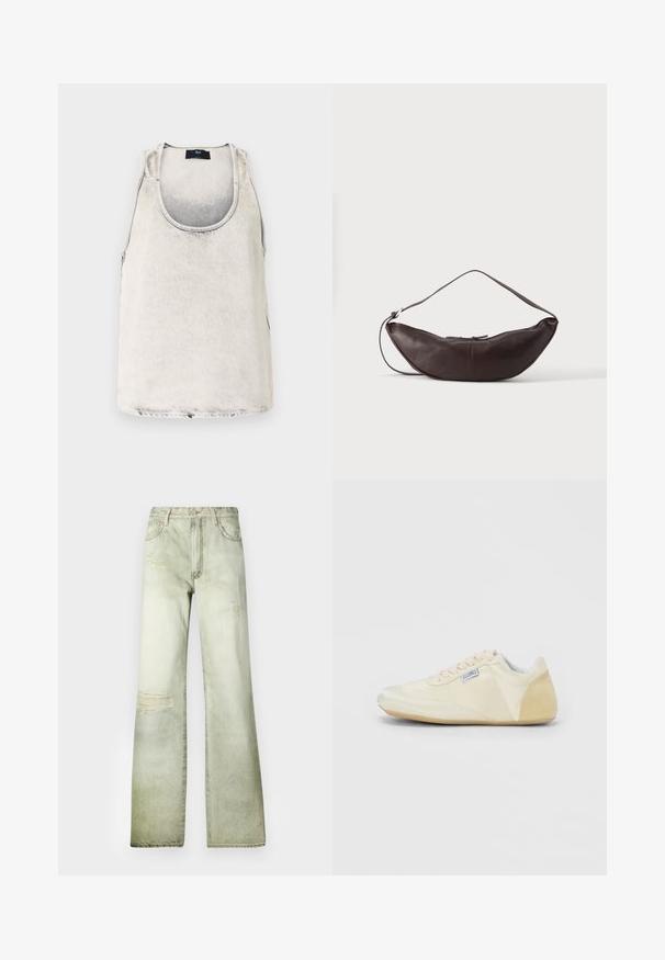 Katoenen tanktop in vervaagd wit met een ronde hals en zijnaad. Heeft een subtiele textuur en een klein merklabel bij de halslijn.; Vervaagde groene denim jeans met een hoge taille, wijde pijp en versleten plekken. Voorzien van een knoopsluiting en vijf zakken.; Off-white lage sneaker met suède hiel, veters en een klein stoffen label aan de zijkant, zijaanzicht tegen een effen achtergrond.; Donkerbruine leren schoudertas in halve maan vorm met een gebogen band en zichtbare stiksels op een effen achtergrond.