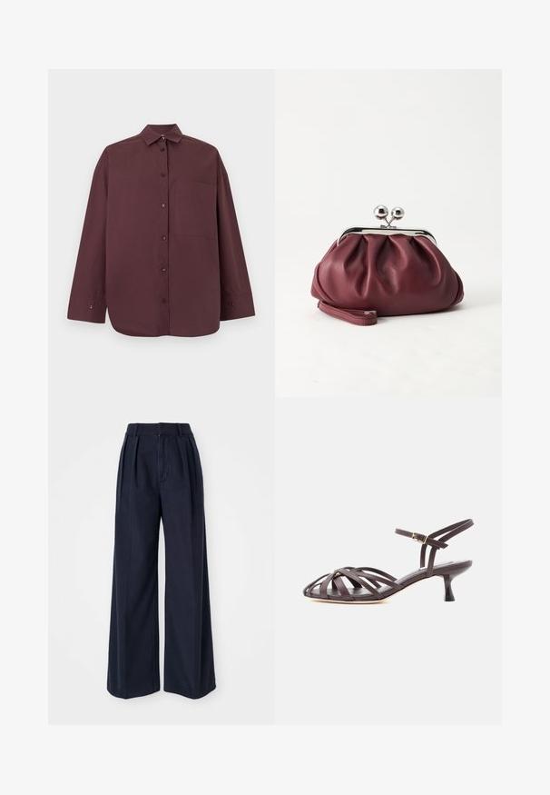Donkerbruine blouse met knopen en lange mouwen, met een kraag en één borstzak, afgebeeld tegen een effen lichte achtergrond.; Donkerblauwe wijde broek gemaakt van katoen, met plooien aan de voorkant, een hoge taille en een ritssluiting met knoopsluiting.; Donkerbruine leren sandaal met bandjes en kitten heel, verstelbare gesp rond de enkel, op witte achtergrond.; Kleine bordeauxrode leren clutch-portemonnee met zilverkleurige metalen sluiting en polsbandje op een witte achtergrond.