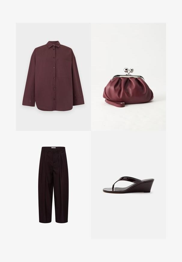 Chemise à manches longues boutonnée de couleur marron foncé avec un col et une unique poche poitrine, présentée sur un fond clair uni.; Pantalon noir tailleur à jambes larges avec plis devant, passants de ceinture et boutons latéraux à la ceinture.; Sandale compensée en cuir verni marron avec bride entre les orteils et bout ouvert, vue de profil sur un fond uni.; Petit sac pochette en cuir bordeaux avec fermoir métallique argenté et bracelet sur fond blanc.