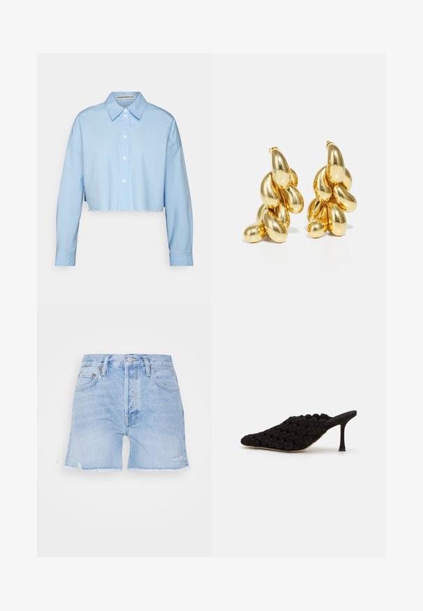 DRYKORN Skjortebluser - blue; Denim shorts i lys blå med en frynset kant. Har klassisk fem-lomme design, knaplukning og let slid på stoffet.; A.W.A.K.E. MODE REGINA WEAVED MULE - Mules med hæl - black; HUGO KREIT PISTIL CHAIN - Øreringe - gold-coloured