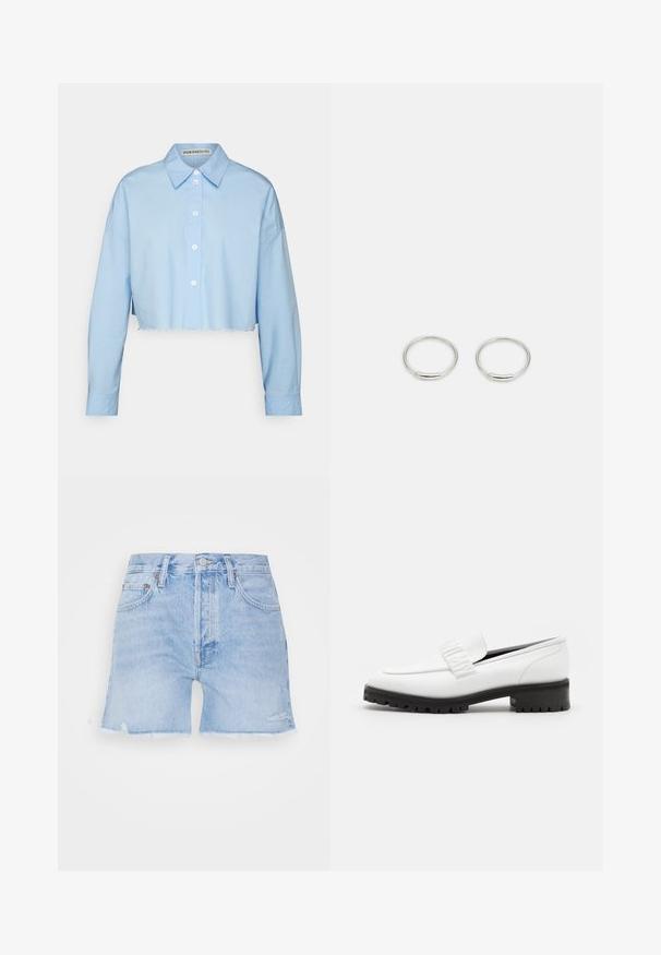 DRYKORN Chemisier - blue; Shorts en denim bleu clair avec un ourlet effiloché. Dispose d'un design classique à cinq poches, fermeture à bouton et légères zones de décoloration sur le tissu.; Elleme CHOUCHOU SQUARE LOAFER - Chaussons - white; Boucles d'oreilles en argent en forme de créoles, avec une finition lisse et polie. Forme circulaire et design minimaliste avec une ouverture d'un côté.