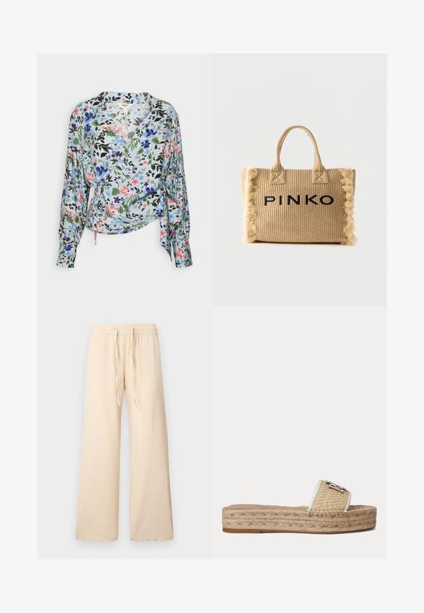 Object OBJRIGA WRAP TOP - Bluse - serenity; Beige weite Hosen aus weichem Stoff, mit elastischem Bund und Kordelzug, ohne sichtbare Muster oder Akzente.; Flache Sandale mit gewebter Jute-Plateausohle und beigem strukturierten Riemen mit kleinem silbernem dekorativem Emblem.; Beige gewebte Tote-Tasche mit kurzen Griffen, fransigen vertikalen Kanten und „PINKO“ in fetten schwarzen Buchstaben auf der Vorderseite.