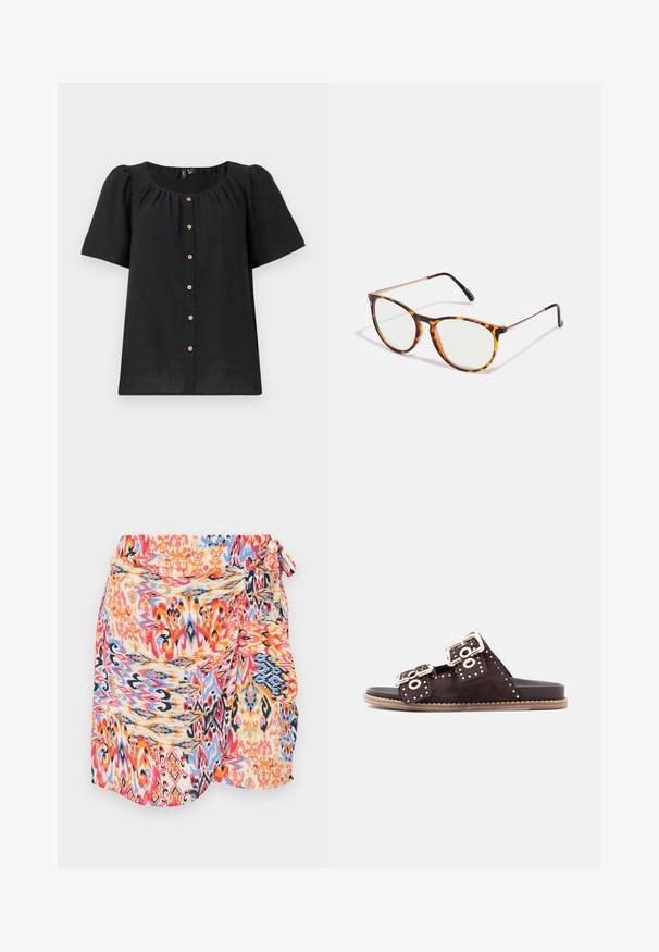 Blouse noire à manches courtes avec un col rond et une fermeture à boutons. Présente des détails froncés et des accents en boutons en bois le long du plastron.; Jupe enveloppante colorée et à motifs avec des dessins tourbillonnants en rouge, bleu, orange et jaune, dotée d'une attache latérale et d'un tissu doux et léger.; Sandales en daim marron avec double boucle, clous décoratifs, semelle plate et design minimaliste ; talon fermé et bout ouvert pour un enfilage facile.; Lunettes de soleil écaille de tortue avec des verres ronds, bras en métal légers et lentilles légèrement teintées de vert. Les montures présentent une finition texturée.