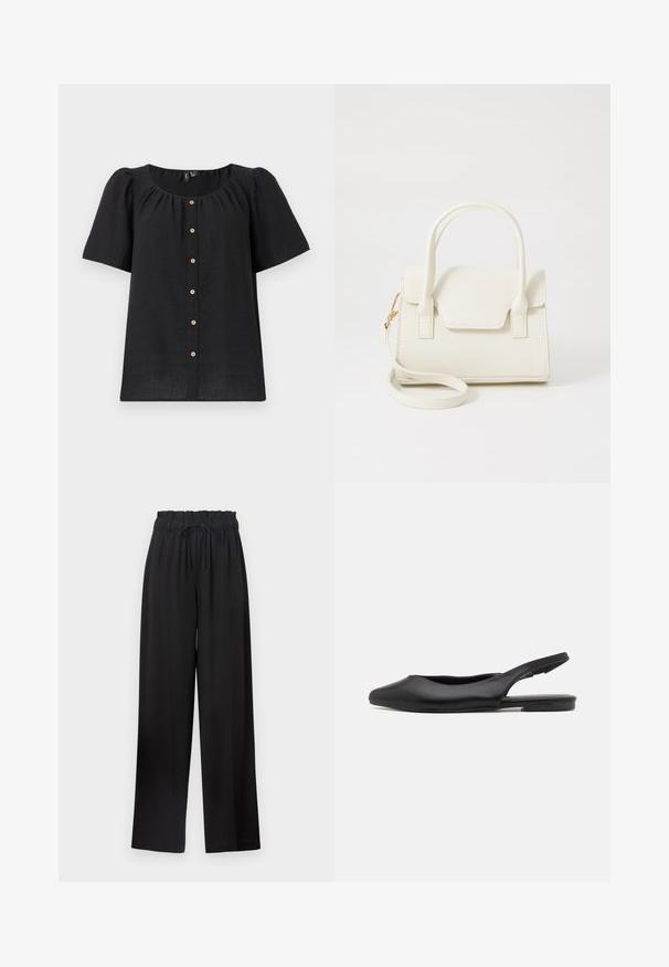 Blusa negra de manga corta con escote redondo y cierre de botones en el frente. Cuenta con detalles fruncidos y acentos de botones de madera a lo largo de la tapeta.; Pantalones de pierna ancha negros con una cinturilla elástica y cordón. Fabricados con un tejido suave sin patrones visibles ni elementos de metal.; Zapato slingback de cuero negro con punta afilada, tacón plano y diseño de corte curvado. Textura suave y estilo minimalista.; Bolso pequeño blanco con doble asa, solapa frontal y correa de hombro desmontable con cierre dorado sobre fondo blanco liso.