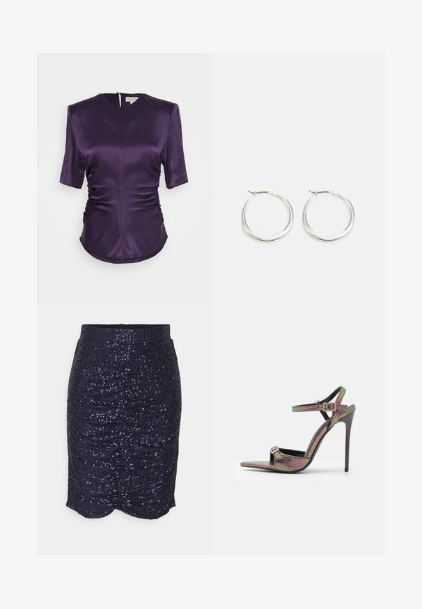 Materiel GATHERED WAIST BLOUSE - Pluus - deep purple; Tumehalli litridest seelik, millel on ribaga vöökoht, sobitav siluett ja laineline äär, mis peegeldab valgust tekstuursete litritega.; Kõrge kontsaga sandaalid, millel on mitmevärviline, tekstuuriga madude print. Varustatud reguleeritavate pahkluu rihmade ja terava nina disainiga.; Hõbedased rõngasnõelad on sujuva ja ümara kujundusega, õhukese profiiliga ning kindla lukuga. Minimalistlik stiil ja läikiv viimistlus.