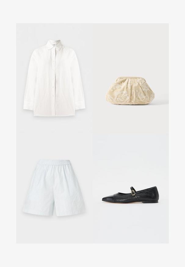 Hvid skjorte med lange ærmer og knapper, med spids krave og manchetter, vist fladt på en lys baggrund.; Lyseblå stribede shorts med elastisk talje. Fremstillet af et glat stof, prydet med lodrette hvide striber og en løs pasform.; Melvin & Hamilton ALORA - Ballerinasko - black; Kremfarvet clutch-taske i stof med blomstret blondeoverlay og samlet toplukning mod en ensfarvet lys baggrund.