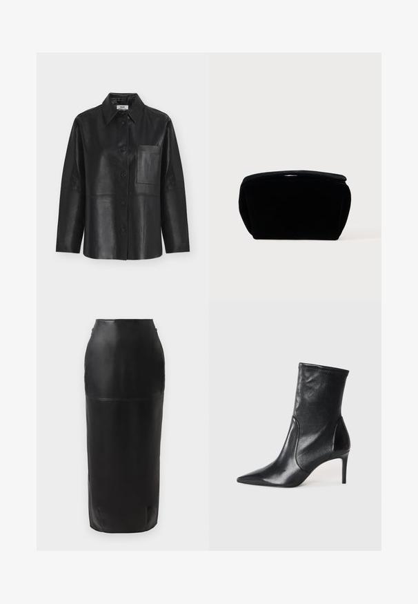 Chemise noire à manches longues avec boutons, col pointu et une poche poitrine simple en cuir lisse.; Jupe midi en cuir noir avec une silhouette ajustée, texture lisse, taille haute et fermeture éclair discrète sur le côté. Aucun motif ni accent.; Bottes noires à la cheville en cuir lisse, dotées d'un bout pointu, d'un tige ajustée et d'un talon haut fin. Design minimaliste sans quincaillerie visible.; Trousse de maquillage en velours noir avec une surface douce et texturée, un dessus arrondi et une fermeture éclair. Design compact, adapté à divers besoins de rangement.