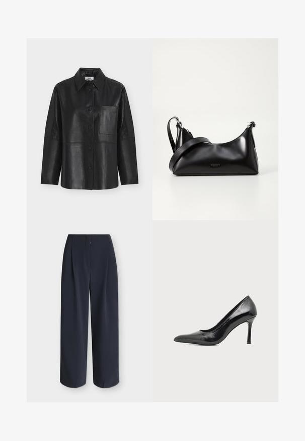 Chemise noire à manches longues avec boutons, col pointu et une poche poitrine simple en cuir lisse.; Pantalon bleu marine à jambes larges avec taille haute et coupe droite, présenté à plat sur un fond neutre.; Chaussure à talon haut pour femme en cuir verni noir avec bout pointu et talon fin sur fond clair uni.; Sac à main en cuir noir avec une texture lisse. Dispose d'une bandoulière adjustable et d'un design élégant et minimaliste avec une fermeture éclair.