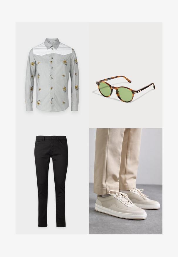 Langarmshirt in lichtgrijs met een witte schouderpas, voorzien van gele bloemen borduursels en zilveren knopen. Zachte stof met een gladde textuur.; Zwarte slim fit jeans met knoop- en ritssluiting, voor- en achterzakken, plat liggend op een witte achtergrond.; Beige sneakers met een textuur bovenkant, witte zolen en gestikte accenten, gecombineerd met beige broeken, tentoongesteld op een grijze ondergrond.; Ronde schildpadzonnebril met groene glazen en dunne pootjes, met het merk Tom Ford op het glas en het montuur.