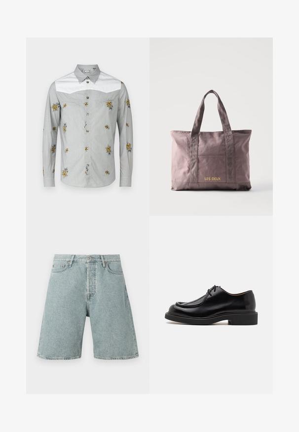 Chemise à manches longues en gris clair avec un empiècement blanc, ornée de broderies florales jaunes et de boutons argentés. Tissu doux avec une texture lisse.; Shorts en denim bleu clair avec une coupe décontractée, cinq poches et une fermeture à bouton. Texture déchirée avec des détails de couture visibles.; Chaussure en cuir noir avec un bout arrondi, des détails cousus, des lacets minimalistes et une semelle en caoutchouc épaisse pour une meilleure traction et durabilité.; Sac cabas en tissu brun avec deux anses et une poche avant, avec le logo "LES DEUX" en lettres jaunes sur la poche.
