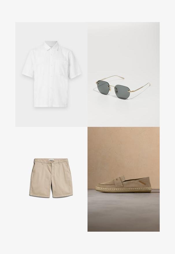 Weißes kurzärmeliges Hemd mit Knopfleiste, Kragen und einer einzelnen Brusttasche, dargestellt auf hellem, schlichtem Hintergrund.; Beige Shorts aus leichtem Stoff, mit flachem Bund, schrägen Seitentaschen und einer einzelnen Gesäßtasche mit Knopfverschluss.; Beiger Wildleder-Slipper mit gewebter Espadrille-Sohle, platziert in einem neutral gestalteten Wohnzimmer neben einem hölzernen Couchtisch mit Büchern.; Sonnenbrille mit achteckigen dunklen Gläsern, goldenem Metallrahmen und -bügeln, die über dezente Details im Rahmen und verstellbare Nasenpads verfügen.