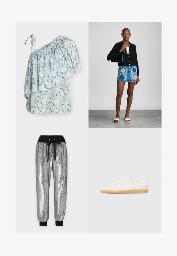 Blouse fleurie bleu clair à une épaule avec volant superposé et lien à nouer sur l'épaule gauche.; Pantalons jogger en sequins argentés avec une taille élastique noire, un cordon de serrage et des poignets noirs aux chevilles pour un ajustement fuselé.; Baskets blanches avec une tige en daim et en cuir, dotées d'une semelle en caoutchouc gomme, de coutures accentuées et d'un design minimaliste.; Un cardigan en maille noir, un haut blanc, une jupe en denim avec un motif de diamants bleus et noirs, un sac à main noir et des sandales à enfiler beiges.
