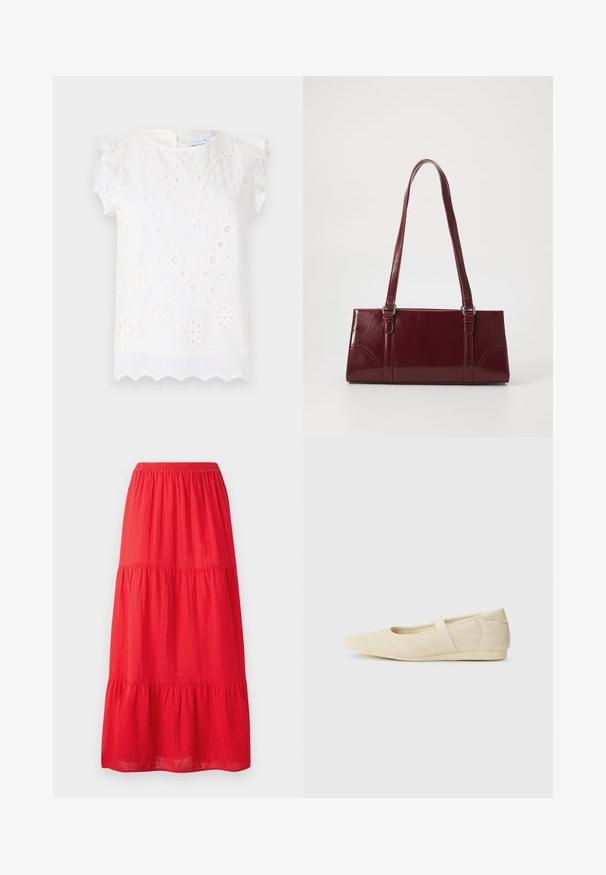 Witte blouse met complexe borduursels, ronde uitsparingen en decoratieve volants mouwen, met een golvende zoom.; Rode katoenen maxi rok met een elastische tailleband, voorzien van drie gelaagde ruches en een gladde textuur. Eenvoudig ontwerp zonder zichtbare patronen.; Beige ballerina's met een gladde leren buitenkant, amandelvormige punt en elastische band over de wreef, met subtiele stiksels.; Bourgondische handtas van glanzend materiaal, rechthoekige vorm, met twee schouderbanden en subtiele gebogen accenten aan de voorkant.