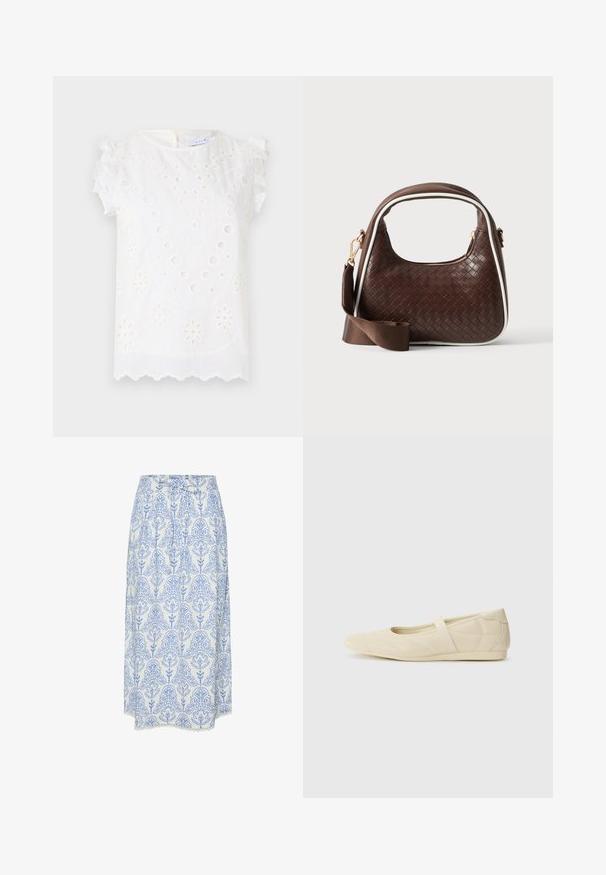 Blusa blanca con intrincados bordados, recortes circulares y mangas decorativas con volantes, con un dobladillo festoneado.; Falda blanca con patrón floral azul, con pliegues y un borde de encaje en el dobladillo. Fabricada con tela ligera, con una cintura ajustable.; Bailarinas beige con un exterior de cuero liso, punta en forma de almendra y una correa elástica en el empeine, con detalles de costura sutiles.; Bolso de mano de piel trenzada marrón con ribete blanco, cremallera dorada y correa de hombro de tela marrón desmontable.
