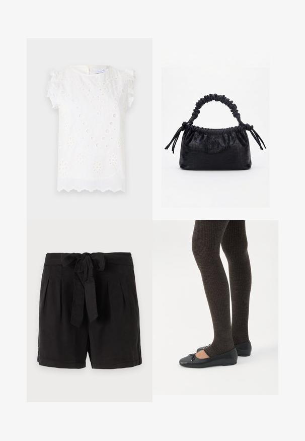 Witte blouse met complexe borduursels, ronde uitsparingen en decoratieve volants mouwen, met een golvende zoom.; Zwarte katoenen shorts met een strikgordel in de taille, plooien aan de voorkant en zijzakken. Gladde textuur en casual ontwerp.; Benen met donkere geribbelde leggings gecombineerd met zwarte ballerina's met kleine strikdetails op een witte achtergrond.; Zwarte handtas met krokodillenstructuur, geplooide bovenrand, samengevoerde handgreep en koordtassels aan elke kant tegen een witte achtergrond.