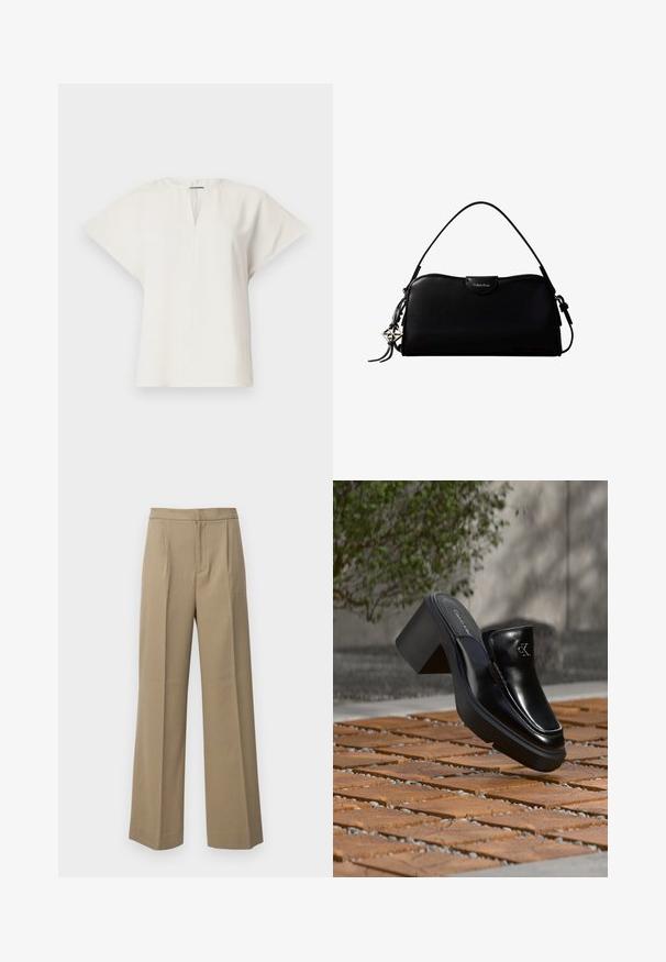 Λευκό μπλουζάκι κοντό μανίκι με V-λαιμό και χαλαρή σιλουέτα. Λείος ύφασμα με διακριτική γυαλάδα και πλαϊνές σχισμές για ευκολία κίνησης.; Μπεζ παντελόνι σε ίσια γραμμή κατασκευασμένο από ύφασμα με υφή. Διαθέτει πτυχώσεις μπροστά και επίπεδη ζώνη. Δεν υπάρχουν ορατοί κλείσιμοι ή τσέπες.; Μαύρο δερμάτινο slip-on mule από Calvin Klein με χοντρό τακούνι που ακουμπά σε ξύλινα πλακάκια σε εξωτερικό χώρο κοντά σε ένα πράσινο φυτό και γκρίζο τοίχο.; Μαύρη ορθογώνια τσάντα Calvin Klein με ενιαίο λουράκι στο πάνω μέρος, ασημί λογότυπο-γαντζάκι και μικρό καπάκι κλεισίματος στο μπροστινό μέρος.