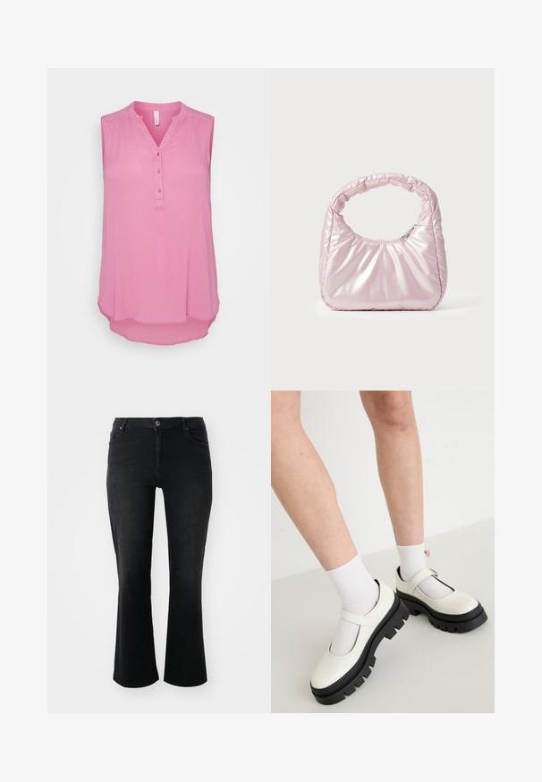 Ärmellose pinkfarbene Bluse mit V-Ausschnitt und Knopfleiste mit fünf Knöpfen. Weicher Stoff mit leicht strukturiertem Finish und abgerundetem Saum.; Schwarze Denim-Jeans mit mittelhohem Bund, vorderem Knopf, zwei Vorder- und zwei Hintertaschen sowie weiter Schnitt.; Weiße Lackleder-Mary-Jane-Schuhe mit einer dicken schwarzen Sohle, versehen mit einem Riemen über dem Spann und getragen mit weißen Socken.; Rosa, gepolsterte Handtasche mit abgerundeter Form, aus glänzendem Material gefertigt. Verfügt über einen gerafften Griff und einen Reißverschluss für sicheren Zugang.
