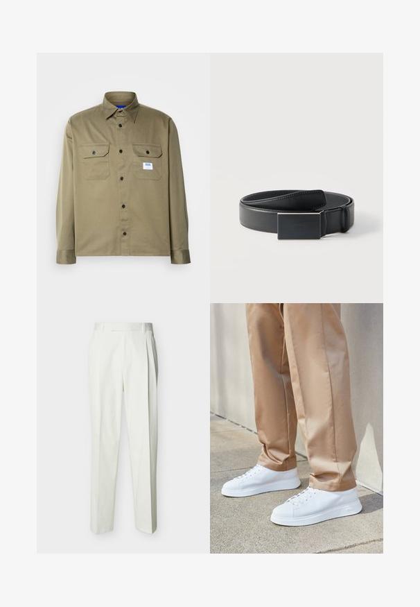 Chemise olive en tissu lisse avec boutons, dotée de deux poches poitrine, de boutons noirs et d'une étiquette de marque bleue et blanche.; Pantalon blanc ajusté taille haute avec passants de ceinture et plis sur le devant, présenté sur un fond uni.; Baskets en cuir blanc avec une finition lisse, embouts ronds, lacets blancs et un design minimaliste. Portées avec un pantalon tapered marron clair.; Ceinture en cuir noir enroulée avec une boucle noire mate rectangulaire et un logo embossé discret sur fond blanc.