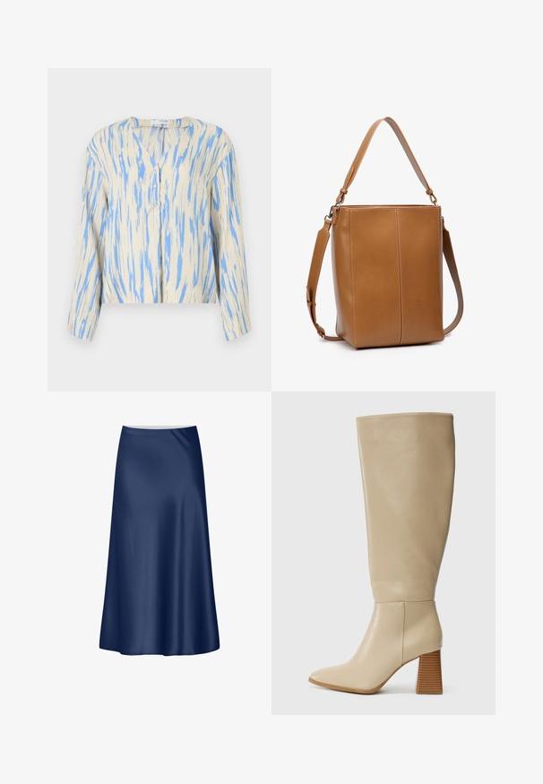 Leichte, beige Bluse mit blauem Streifenmuster, V-Ausschnitt, Knopfverschluss und langen Ärmeln. Weicher Stoff, lockere Passform und verkürztes Design.; Navy-blaues Satin-A-Linien-Rock mit glatter Textur, fließendem Design und mittellanger Länge. Verfügt über einen schlichten Taillenbund ohne zusätzliche Akzente.; Beige Lederstiefel bis zum Knie mit spitzem Zehenbereich, strukturiertem Blockabsatz und glatter Oberfläche. Nahtdetails an Knöchel und oberem Schaft.; Braune Ledertasche in flacher, rechteckiger Form. Verfügt über einen Schulterriemen und kontrastierende Steppnähte. Glatte Textur.